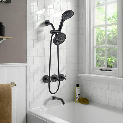 PROOX 3 Handle Tub Shower Faucet Set, Dual shower head Combo with Tub and Shower Trim Kit with Rough-in Valve, Matte Black Bathtub Shower Faucets, Wall Mounted Bathroom Rain Shower System