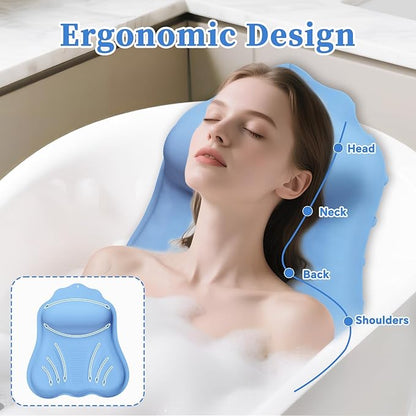 Silicone Bath Pillow for Tub Adults, 4D Air-Cushion Bathtub Pillow for Head Neck and Back Support, Non-Slip Suction Cups, Quick-Drying Waterproof Spa Pillow, Easy to Clean & Store，Blue