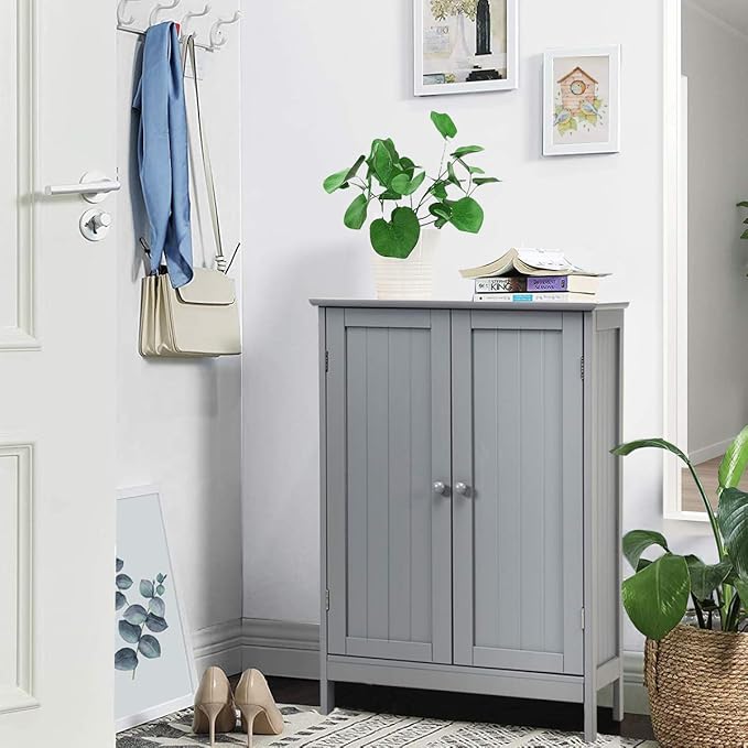 Tangkula Freestanding Storage Cabinet with Double Doors and Shelf, Modern Home Furniture, Wooden Organizer for Living Room and Bathroom, Grey