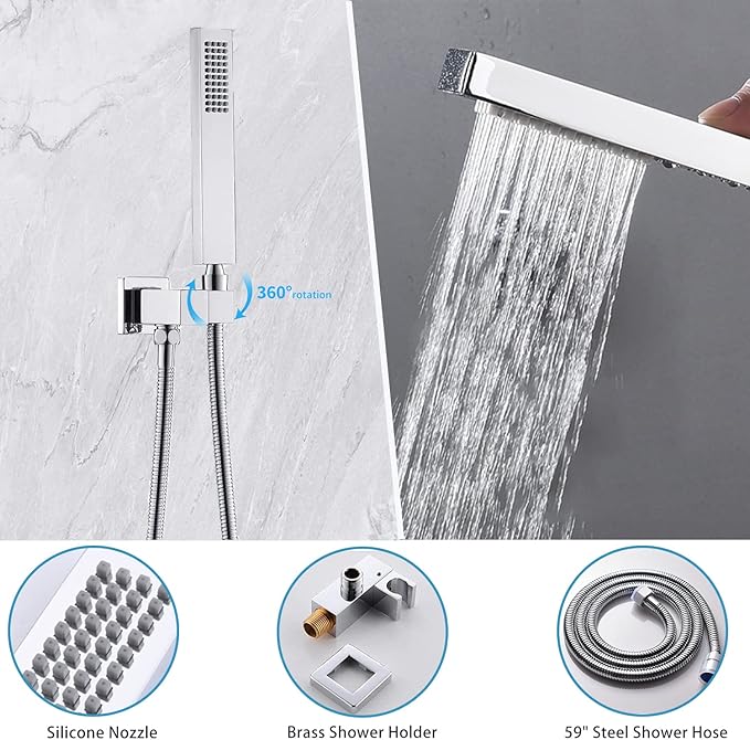 Triple Shower Head Shower System Chrome Full Body Shower System with Digital Display Shower Valve, 12"+8"+8" Three Top Shower Heads,Handheld Shower and Body Jets