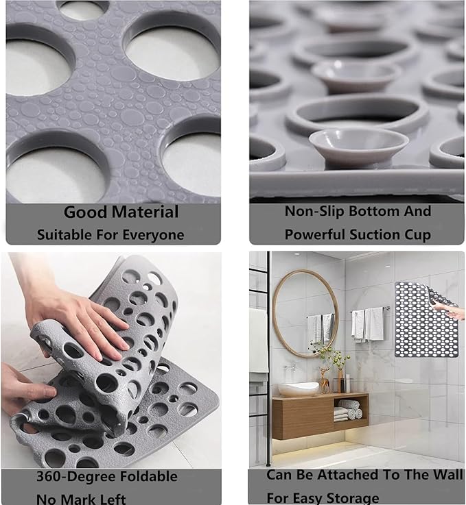 Casa and Beyond Shower Mat,Non Slip Bath Mat and Shower Mat with Suction Cups and Drain Holes,Bathroom Mat Easy to Clean Soft Machine Washable,Bathtub Mat Easy Dry&Cut (Gray,35" x 24"(Rectangular))