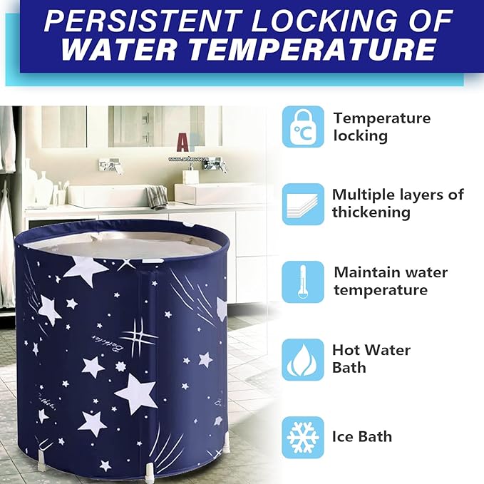 BDL Portable Bathtub, Foldable Adult Japanese Soaking Bath Tub, BDL Freestanding Ice and Hot tubs with Thermal Foam, Folding Spa Bath Tub for Small Spaces Free Pillow and Storage Bag Starry Night Blue