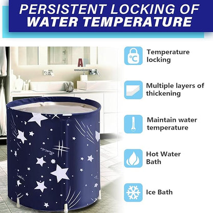 BDL Portable Bathtub, Foldable Adult Japanese Soaking Bath Tub, BDL Freestanding Ice and Hot tubs with Thermal Foam, Folding Spa Bath Tub for Small Spaces Free Pillow and Storage Bag Starry Night Blue