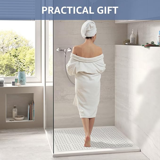 OTHWAY Square Shower Mat, 27"x 27" Extra Large for Inside Shower, TPE Non-Slip Mat With Suction Cups, Drain Holes, Machine Washable Floor Mat (White)
