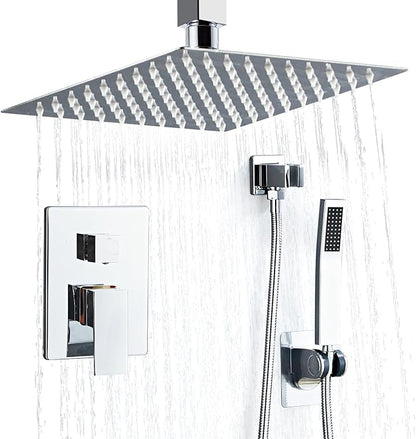 12 Inch Ceiling Mount Shower Faucet Set, Silver Rainfall Shower System with Valve Trim, Square Rain Shower Spray Combo Luxury Shower Fixtures Polish Chrome Shower Head and Handle Set