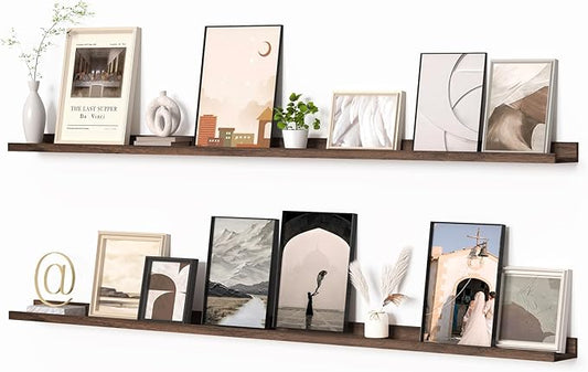 Heimlove Picture Ledge Shelf, Floating Shelves Set of 2, 72 Inches Long Large Picture Shelf for Wall with Ledge, Kids Bookshelf Wall Mounted for Living Room Bedroom Decor Books Photo Frames, Walnut
