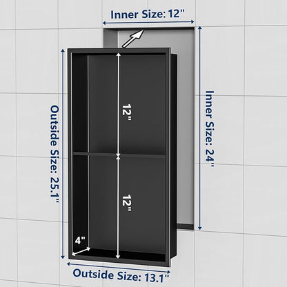 Stainless Steel Shower Niche 24" X 12", No Tile Needed Wall Niche Double Shelves, Recessed Shower Shelf for Bathroom Storage, Matte Black