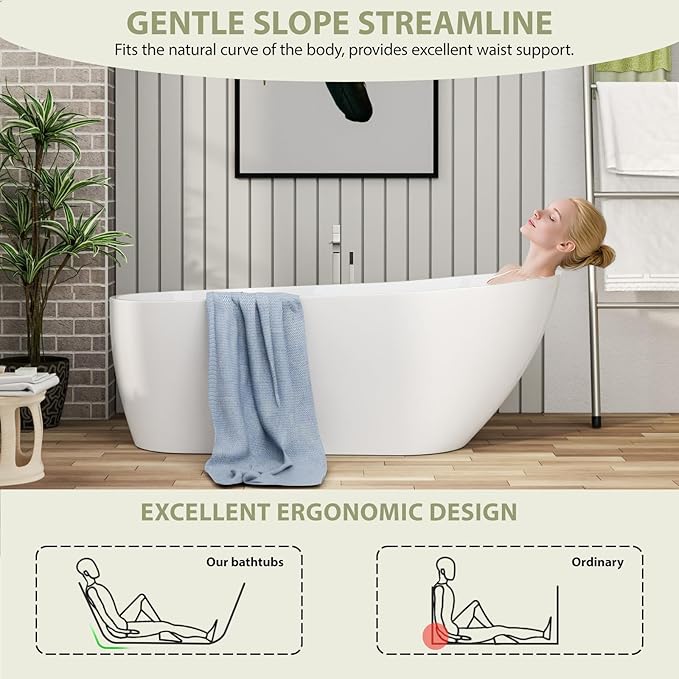 Mocoloo Freestanding Bathtub - 67 Inch Acrylic Stand Alone Soaking Bath Tub for Bathroom with a Right Overflow and Drain