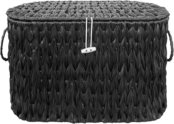 Black Toilet Paper Basket with Lid,Wicker Toilet Paper Storage Stand,Large Narrow Bathroom Towel Basket Mega Roll Container Bin for Toilet Tank,Floor