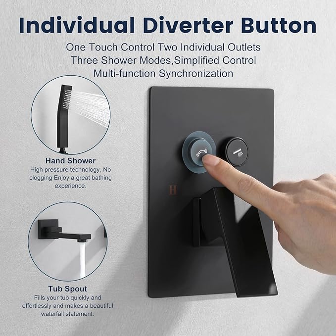 Wall Mount Bathtub Faucet Set Included 180°Swivel bathroom Tub Filler faucets and handheld Shower，high Flow Tub Spout with Solid Brass Push-button Diverter Pressure Balance Valve,Matte Black