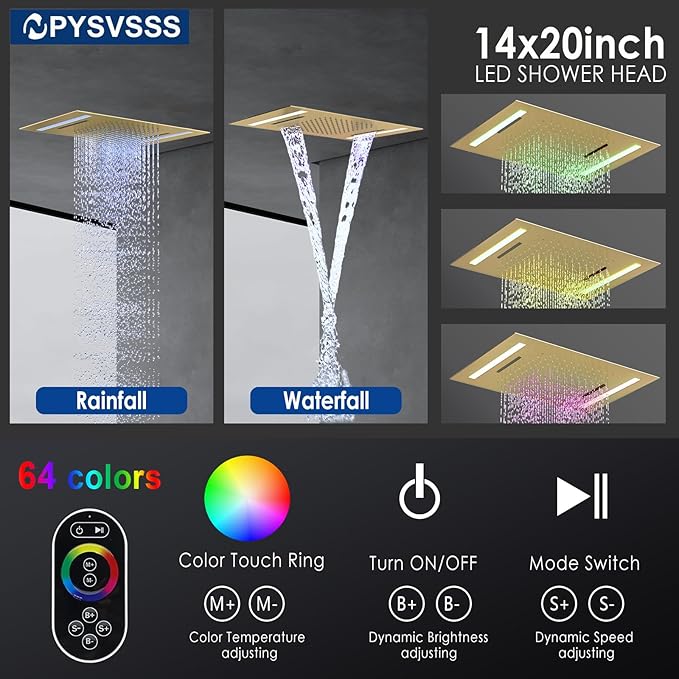 Dual Rain Shower Head Thermostatic Luxury Spa Shower System And Ceiling Mount 14x20 Inch LED 4 Functions with 6 Inch Wall Head Shower Faucet Set,Brushed Gold