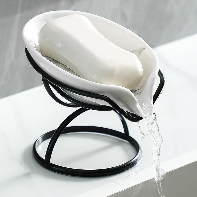 Leaf-Shaped Soap Dish – Ceramic Soap Bar Holder with Self-Drainage System – Bar Soap Holder for Shower, Bathroom Sink, Kitchen – Soap Dish with Stainless Steel Stand (White-Black-2 Pack)