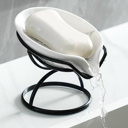 Leaf-Shaped Soap Dish – Ceramic Soap Bar Holder with Self-Drainage System – Bar Soap Holder for Shower, Bathroom Sink, Kitchen – Soap Dish with Stainless Steel Stand (White-Black-2 Pack)