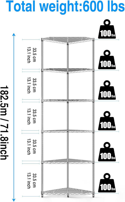 Silver 6 Tier NSF Metal Pentagonal Corner Wire Shelving Units, 600lbs Storage Rack with Feet for Kitchen, Utility Room, Warehouse, 72" H x 20" L x 20" W