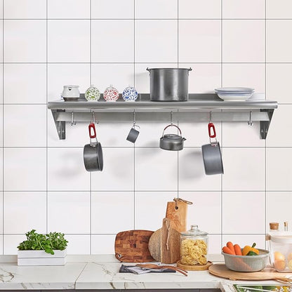 Hally Stainless Steel Shelf with 4 Hooks 14" x 24" Wall Mounted Pot Rack 250lb, NSF Commercial Floating Shelving for Storage Hanging Pots, Pans, cookware in Restaurant, Kitchen, Home and Hotel
