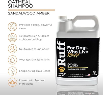 Ruff by Lillian Ruff Oatmeal Dog Shampoo Sandalwood Amber – Moisturizing Pet Shampoo with Aloe & Coconut Oil – Relieves Itching, Hot Spots & Odor – Puppy Safe – Made in USA (Gallon with Pump)