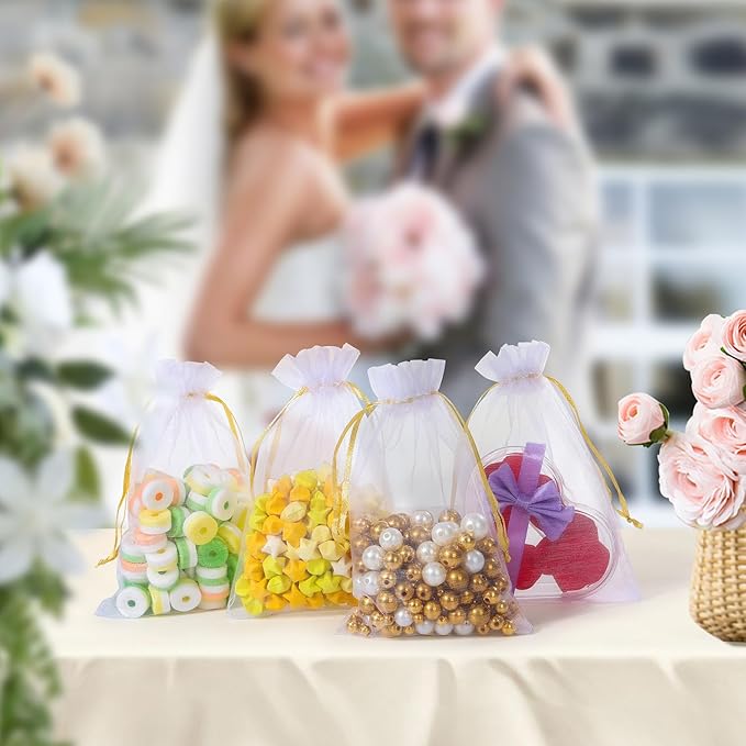 100PCS Premium White Organza Bags with Gold Drawstring, 4x4.72inch Wedding Favor Gift Bags, Mesh Pouch for Jewelry, Party, Christmas, Festival, Bathroom Soaps, Makeup Organza, Wrapping Supplie