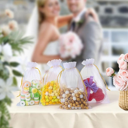 100PCS Premium White Organza Bags with Gold Drawstring, 4x4.72inch Wedding Favor Gift Bags, Mesh Pouch for Jewelry, Party, Christmas, Festival, Bathroom Soaps, Makeup Organza, Wrapping Supplie