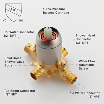 SHAMANDA Shower Tub Faucet Set with Rough-in Valve and Trim Kit, Shower System with Waterfall Diverter Tub Spout, Single Handle 8 Inch 6-Spray Rain Shower Head Combo Set, Brushed Nickel, L818-2