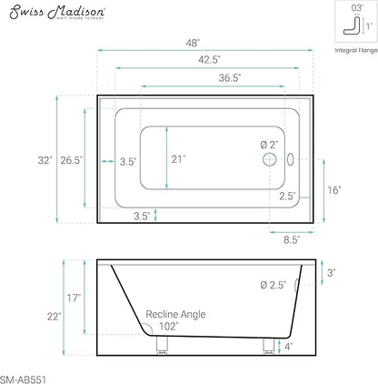 Swiss Madison Well Made Forever Voltaire 48"x32" Acrylic White, Alcove, Right Hand Drain, Apron Bathtub
