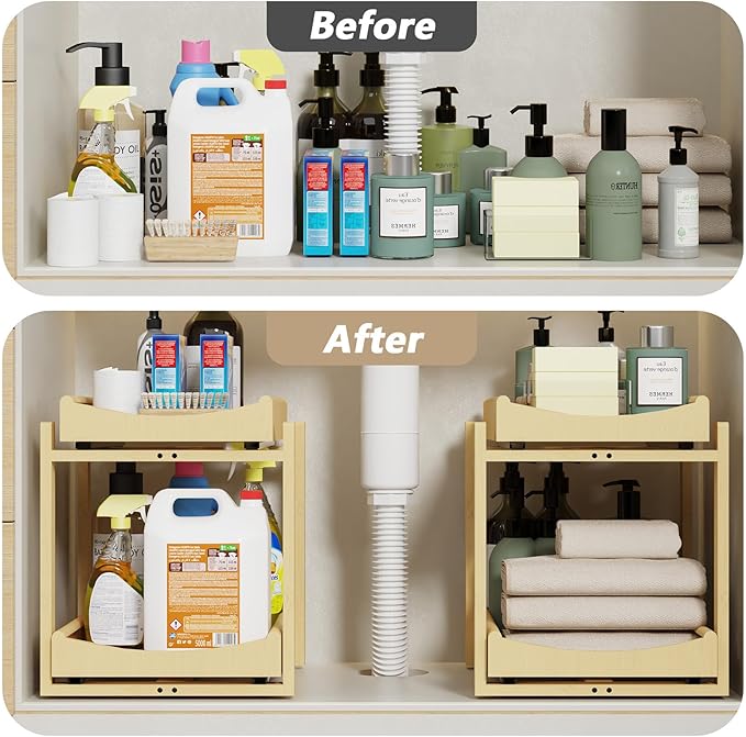 Bamboo Under Sink Organizer Adjustable Height 2 Tier Bathroom Organizer Pull Out Cabinet Storage Kitchen Heave Duty Wood Slide Ou Shelf for Kitchen Bathroom (Nature, 2 Packs)