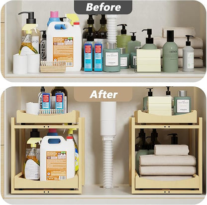 Bamboo Under Sink Organizer Adjustable Height 2 Tier Bathroom Organizer Pull Out Cabinet Storage Kitchen Heave Duty Wood Slide Ou Shelf for Kitchen Bathroom (Nature, 2 Packs)