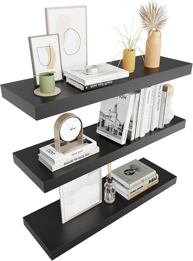 Colima Floating Shelves for Wall, Rustic Wood Wall Mounted Shelves for Bathroom, Toilet, Bedroom, Living Room, Kitchen, Office, Hanging Shelf for Books, Storage, Room Decor, Black, 24in, Set of 3