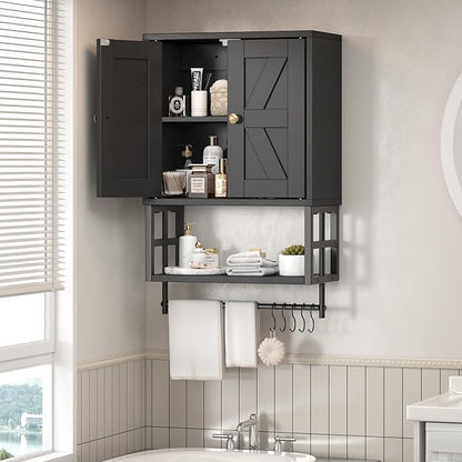 Farmhouse Medicine Cabinet - 3-Tier Wall Mounted Storage Organizer with Adjustable Shelves, Towel Bar, 5 Hooksfor Small Bathroom, Laundry Room, Over Toilet, Living Room, Bedroom (Black)