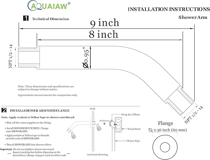 Aquaiaw Shower Arm and O-Ring Flange, 8 inch, Solid Brass, Round, Both Soldered 1/2 NPT Tapered Threads, Wall Mount Shower Arm Extension with Escutcheon (Polished Chrome)