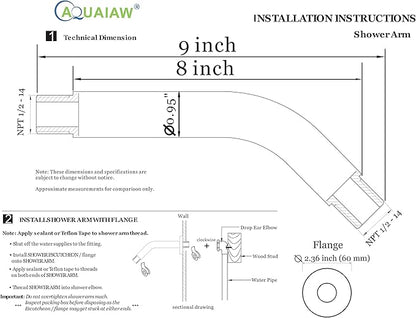 Aquaiaw Shower Arm and O-Ring Flange, 8 inch, Solid Brass, Round, Both 1/2 NPT Tapered Threads, Matte Black Wall Mount Shower Arm Extension with Escutcheon, for Rain Shower Head Max. 12 inch