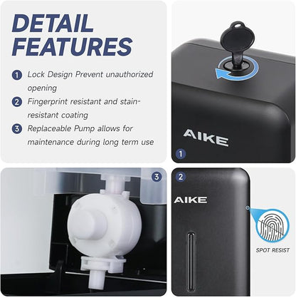 AIKE Wall Mount Liquid Soap Dispenser for Commercial Bathroom 27oz Large Capacity Manual Push Pump Black