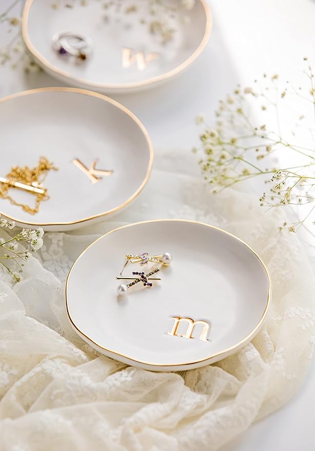 COLLECTIVE HOME - Ceramic Jewelry Tray, Decorative Trinket Dish for Rings Earrings Necklaces Bracelet Watch Keys, Birthday Mother's Day Christmas Gift for Women, 4.75", White Surface (J)