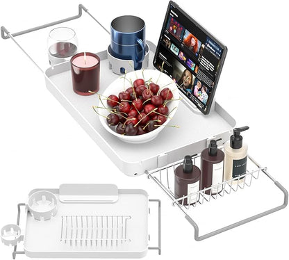 Bathtub Tray Caddy Expandable Bath Tray with Cup Holder Plastic Bathtub Caddy Shelf Stylish Bathroom Organizer for Candle Towel, Book, Wine, Phone, Shower