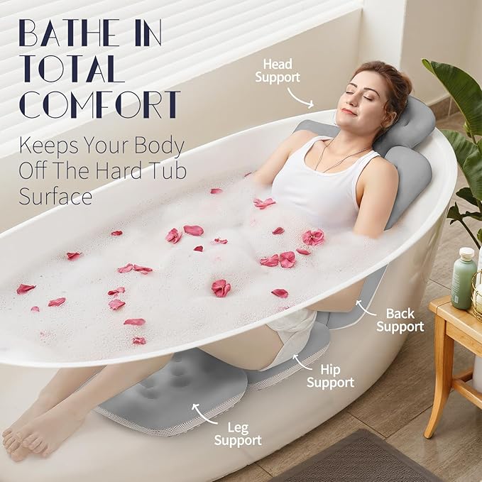 Full Body Bath Pillow for Bathtub, Thick Bathtub Cushion with Laundry Bag, Luxury Tub Pillow for Bath for Headrest Neck and Back Support Gray 56" x 16"