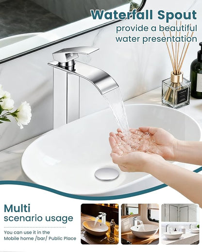 LIFG Chrome Vessel Sink Faucet, Tall Waterfall Bathroom Faucet, Single Handle One Hole Mixer Bowl Tap with Large Rectangular Spout, Bar Sink Faucet Lavatory Vanity