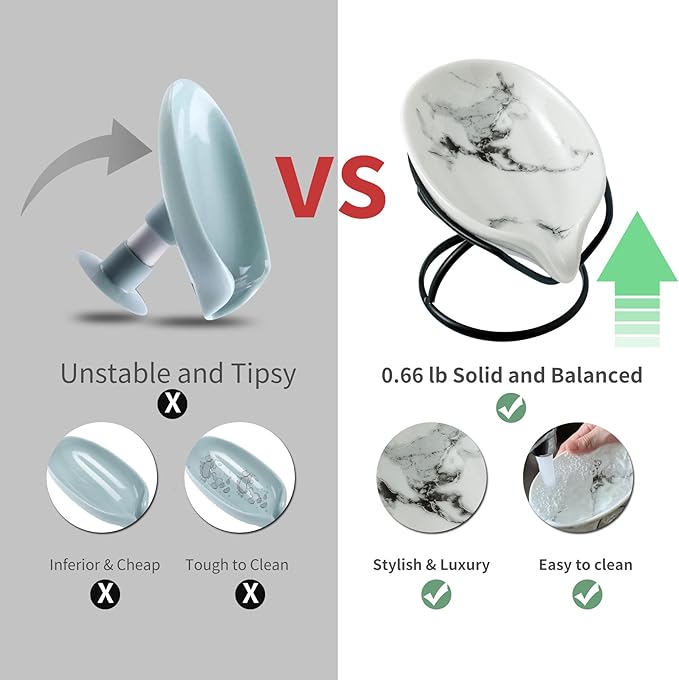 Leaf-Shaped Soap Dish – Ceramic Soap Bar Holder with Self-Drainage System – Bar Soap Holder for Shower, Bathroom Sink, Kitchen – Soap Dish with Stainless Steel Stand (White-Black-2 Pack)
