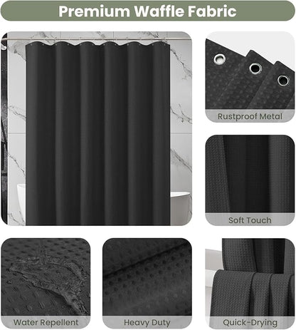 Inhousolu Fabric Shower Curtain Waffle Weave, 230 GSM Heavy Duty, Weighted Hem, 14 Metal Hooks, Water Repellent, Machine Washable, Hotel Spa Luxury Bath Curtain Set, 72 x 84 Inch, Black
