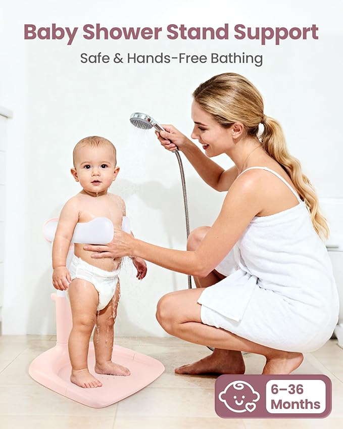 Baby Shower Stand for Infant to Toddler 6–36 Months, Baby Bath Stand Support with Adjustable Height, Anti-Slip Stable Design, Multi-Purpose Toddler Bath Helper, Infant Shower Gifts,Pink