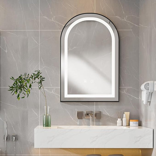 LED Bathroom Mirrors with Lights,24"x36"Black Arched Mirror for Bathroom,Fogless,3 Colors Dimmable,Anti-Fog,Wall Mounted Lighted Vanity Mirror,Black