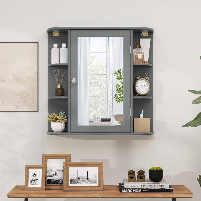 RELAX4LIFE Bathroom Wall Cabinet with Mirror - Medicine Cabinet w/Door & Open Shelves, Over The Toilet Storage Cabinet Organizer, Mirrored Bathroom Cabinet Wall Mount (Grey)
