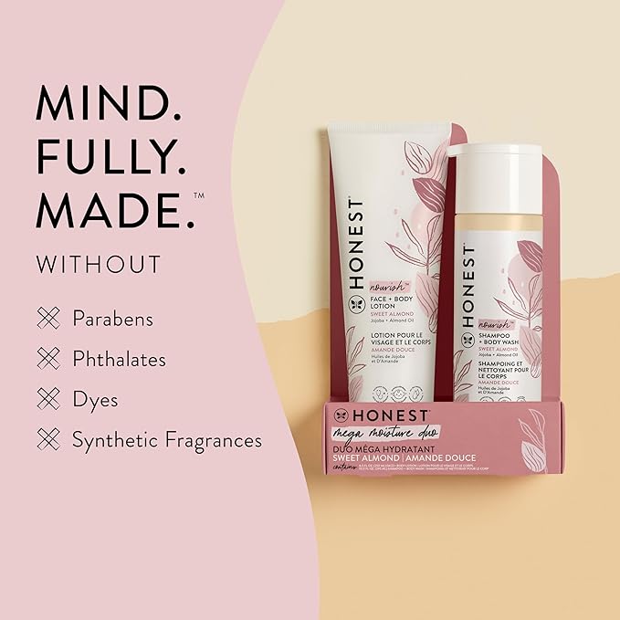 The Honest Company 2-in-1 Cleansing Shampoo and Body Wash Face Lotion Bundle Gentle for Baby Naturally Derived Sweet Almond Nourish 18.5 fl oz