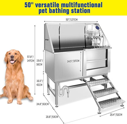 50" Stainless Steel Dog Washing Station, Pet Grooming Tub with Hot/Cold Faucet & Showerhead, Non-Slip Stairs for Small/Medium Dogs & Cats