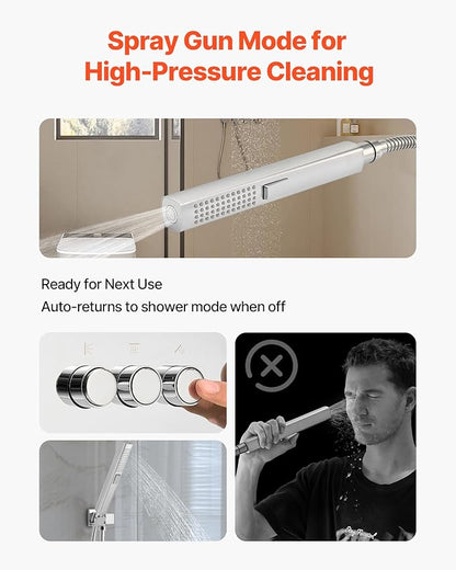 VEVOR Shower Faucet Set, 10 Inch Ceiling Mount Rainfall Shower System with 6 Body Jets and 2 in 1 Handheld Spray, Rotatable 3-Function Rain Head System Set, Complete Brass Valve and Trim Kit, Chrome