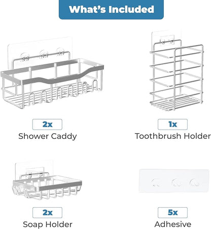 Fab Glass and Mirror 5-Pack Shower Caddy, Chrome- Shower Organizer & Shelves for Efficient Storage, Bathroom Caddy for Wall Organizer, Durable Showers Wall Caddy