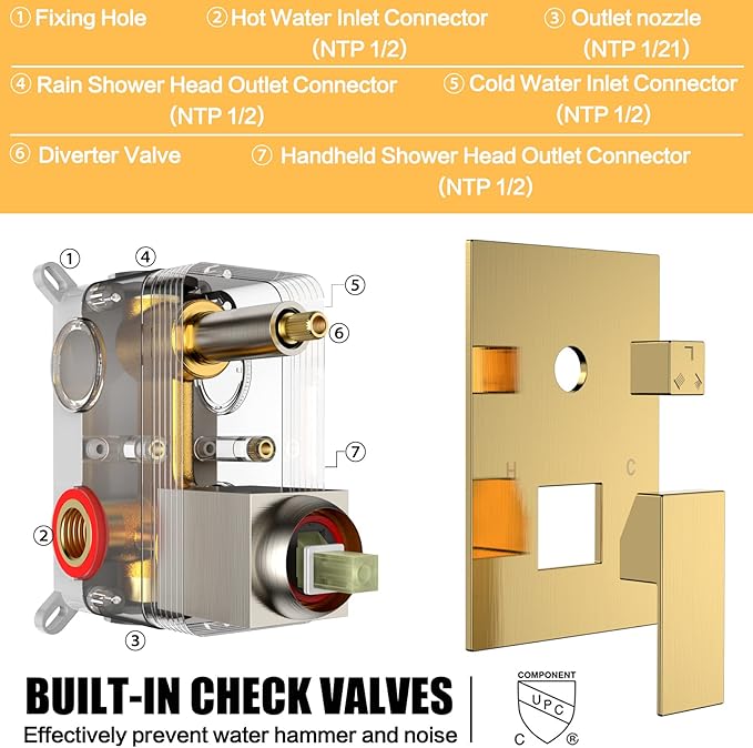 Rain Shower System 10 Inches Shower Head with Handheld Combo Set for Bathroom,High Pressure Rainfall Shower Faucet Set Wall Mounted,Rough-in Valve and Trim Kit(Brushed Gold)