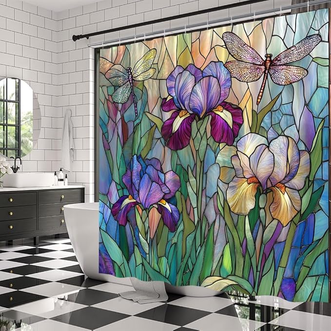 Stained Glass Shower Curtain Artistic Iris Dragonfly Purple Floral Green Leaves Abstract Nature Plant Spring Summer Modern Botanical Fabric Bathroom Decor Curtains with Hooks,70 x 82