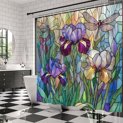 Stained Glass Shower Curtain Artistic Iris Dragonfly Purple Floral Green Leaves Abstract Nature Plant Spring Summer Modern Botanical Fabric Bathroom Decor Curtains with Hooks,70 x 75