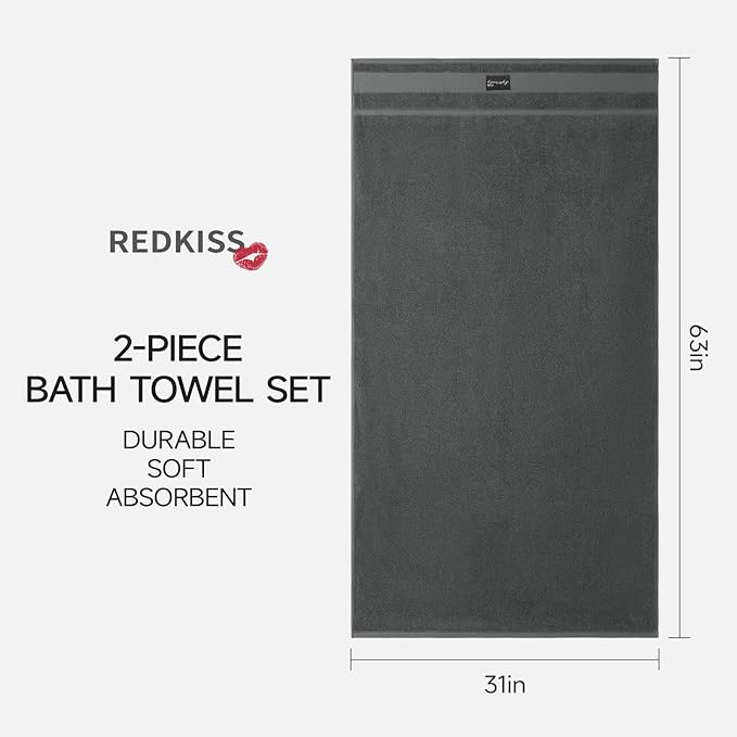 REDKISS 2 Pack Large Bath Towels Set, 100% Cotton, 31x63 in, Heavyweight 760G, Highly Absorbent & Quick Dry, Super Soft Luxury Towels for Bathroom,Hotel Collection - Deep Gray