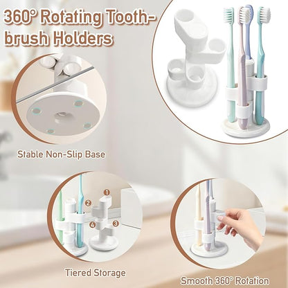 2 Pack 360° Rotating Toothbrush Holder for Bathroom, 4-Slot Toothbrush Storage Organizer with Non-Slip Base, Compact Toothbrush Bathroom Countertop Holders for Family Tooth Brushes, White