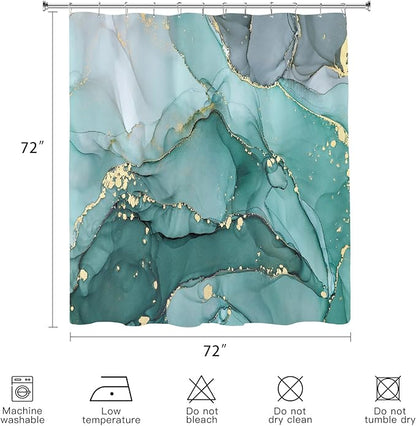 Turquoise Marble Shower Curtain, Teal Modern Abstract Fabric Shower Curtains for Bathroom, Luxury Art Ink Texture Watercolor Aqua Shower Curtain Set with Hooks 72x72
